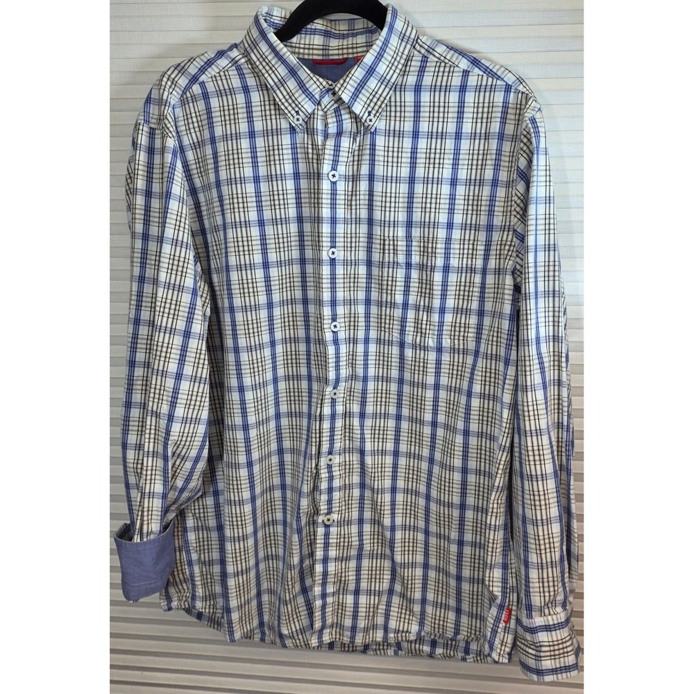 IZOD Button Up Shirt Large Blue White Black Plaid Slim Fit Long Contrast Sleeves